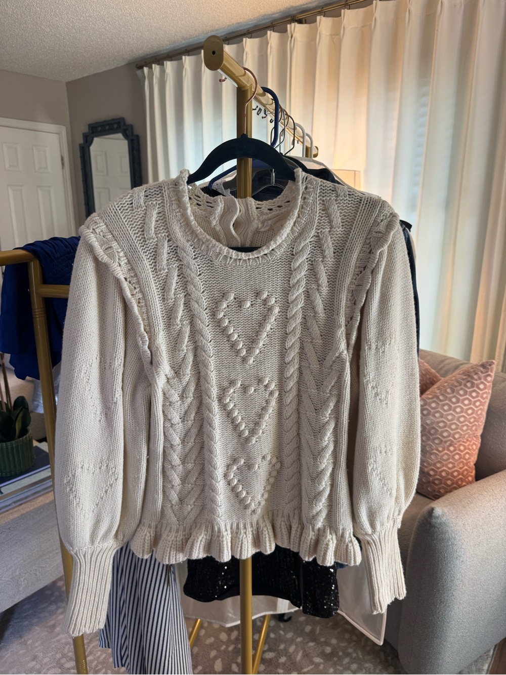LoveShackFancy Cream Cable-Knit Heart Pullover